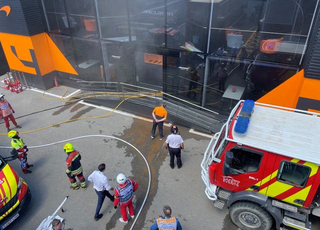 McLaren CEO Zak Brown outside McLaren’s hospitality suite after a fire broke out 