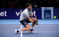 Tennis - ATP World Tour Finals - The O2 Arena, London, Britain - November 19, 2017 Bulgaria's Grigor Dimitrov in action during the final against Belgium's David Goffin REUTERS/Toby Melville