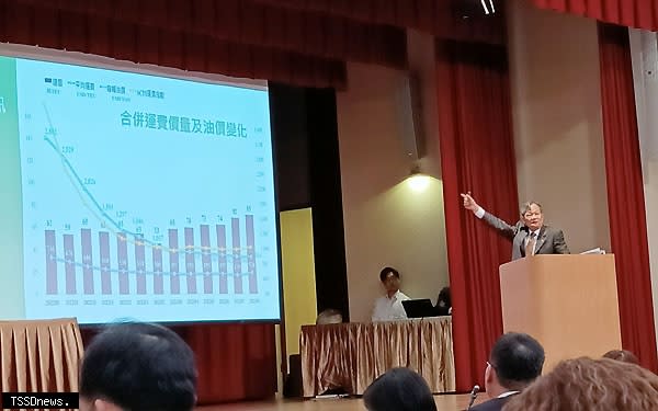 長榮海運法說會，總經理謝惠全說明近期航運市場變化。（記者陳維強攝）