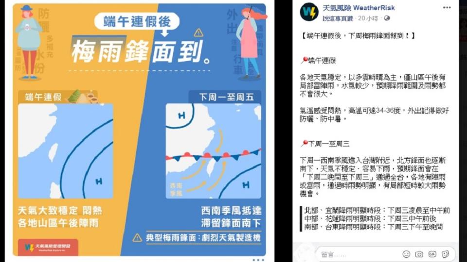 各地降雨時間出爐。圖／翻攝自臉書天氣風險 WeatherRisk