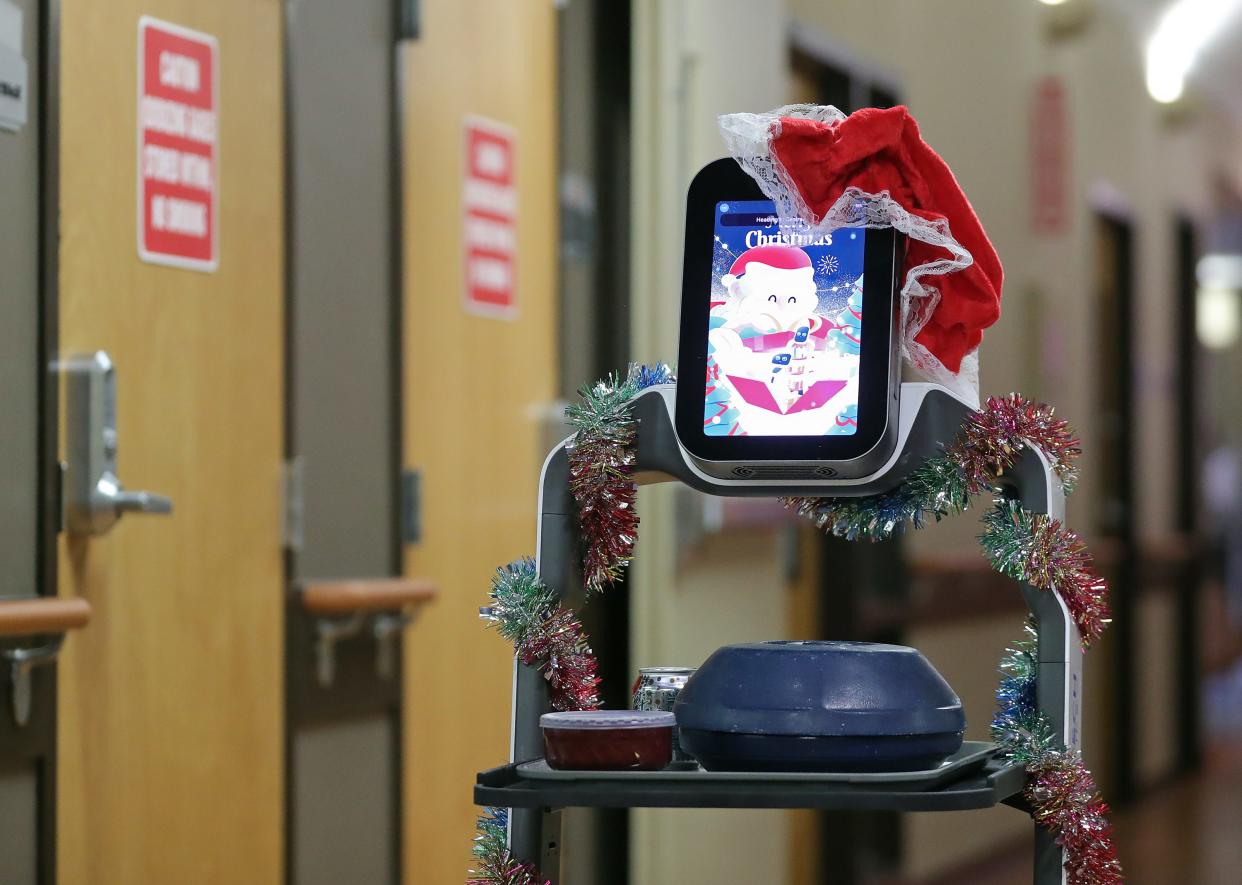 Eva, a delivery robot at Copley Health Center, makes its rounds Friday in Copley.