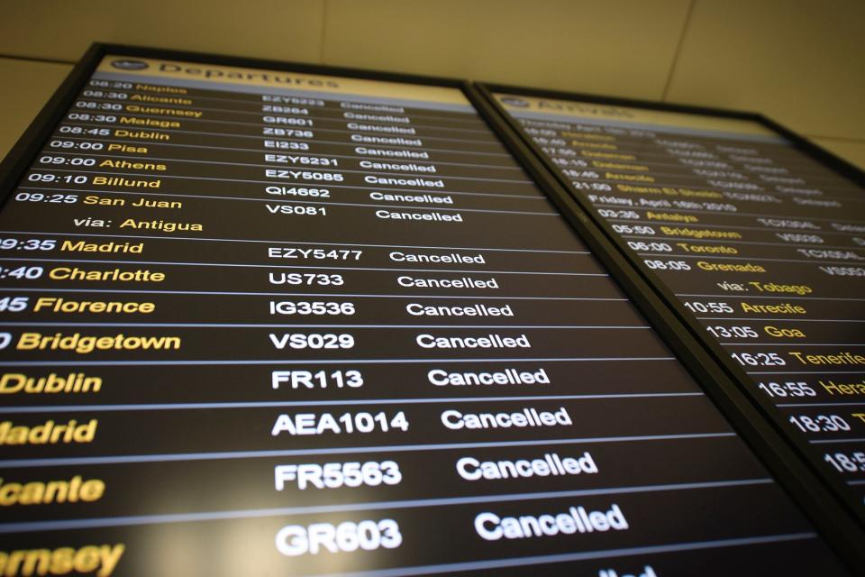 A departure board displays a cancelled flights at London Gatwick: AFP/Getty