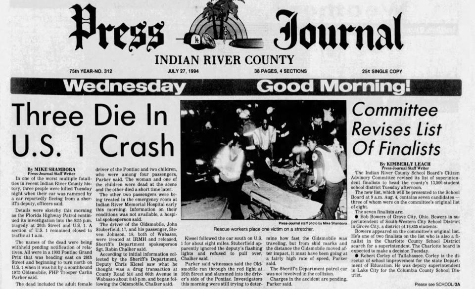 The July 27, 1994, Press Journal reported on a U.S. 1 crash at 26th Street following a police pursuit. Eventually, authorities reported a woman and three children died in what turned out to be a high-speed pursuit that led to a more restrictive chase policy in Indian River County.