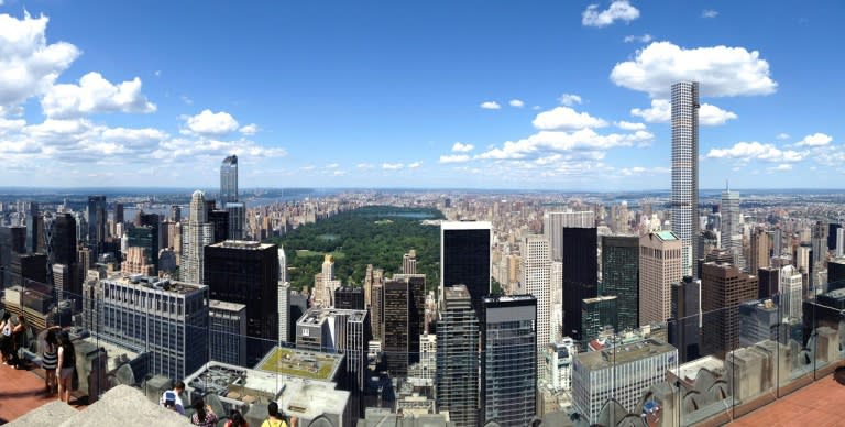 A panoramic shot taken from the Top of the Rock Observation Deck on July 24, 2015 shows the One57 building and the under-construction 432 Park Avenue overlooking Central Park in New York