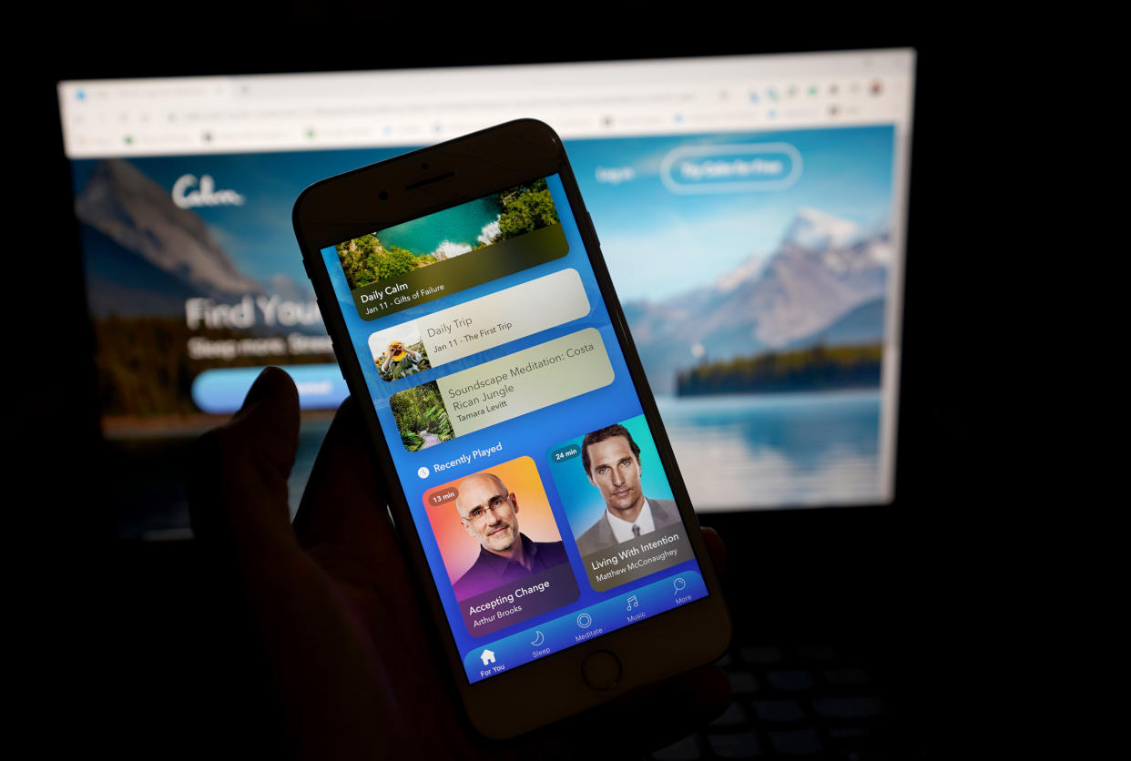 LONDON, ENGLAND - JANUARY  11: In this photo illustration, the wellness and meditation app 'Calm' is seen on a mobile phone on January 11, 2021 in London, United Kingdom. (Photo by Edward Smith/Getty Images)