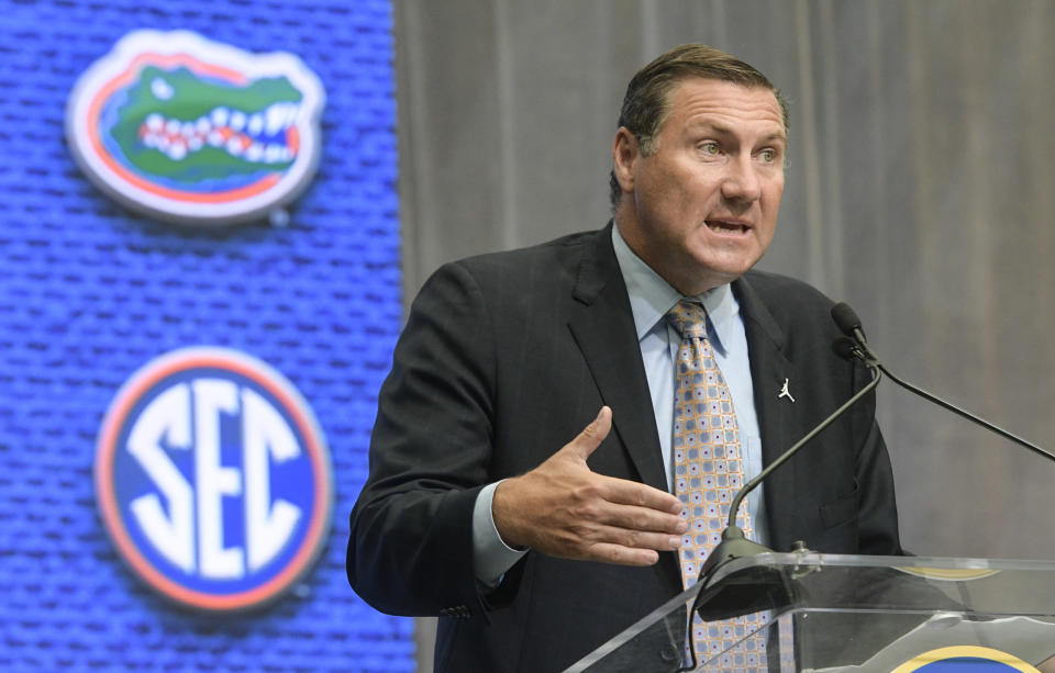 Florida head coach Dan Mullen speaks during the NCAA college football Southeastern Conference media days at the College Football Hall of Fame in Atlanta. (AP)