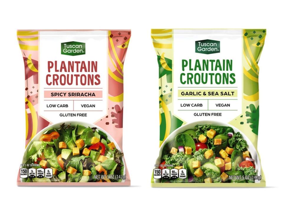 Pink and green bags of plantain croutons from Aldi