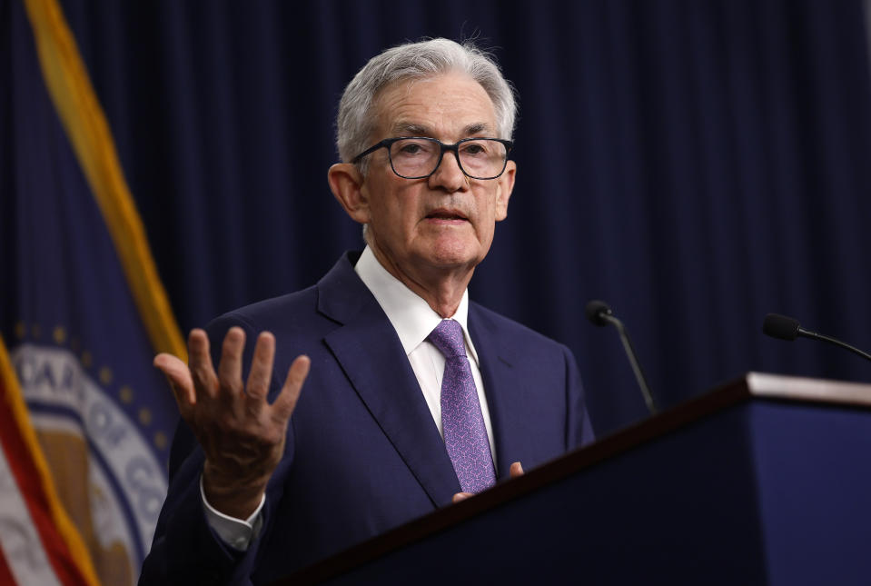 WASHINGTON, DC - JUNE 12: Federal Reserve Chairman Jerome Powell announces interest rates will remain steady during a press conference at the Federal Reserve Bank's William McChesney Martinbuilding on June 12, 2024 in Washington, DC. After a two-day Federal Open Market Committee meeting, Chairman Powell said the Fed has decided to maintain the current interest rate range of 5.25% to 5.50%, suggesting he believes long-term interest rates will remain at higher levels than previously indicated. (Photo by Kevin Dietsch/Getty Images)