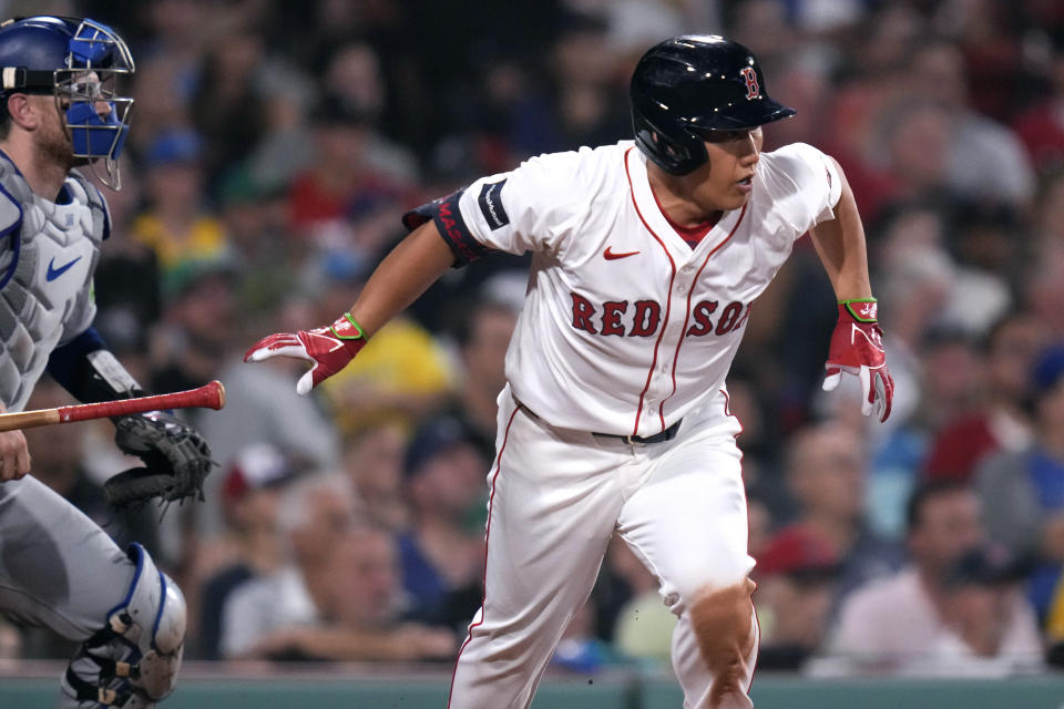 Boston Red Sox's Masataka Yoshida heads down the first base line on a groundout during the sixth inning of the team's baseball game against the Toronto Blue Jays at Fenway Park, Tuesday, June 25, 2024, in Boston. (AP Photo/Charles Krupa)