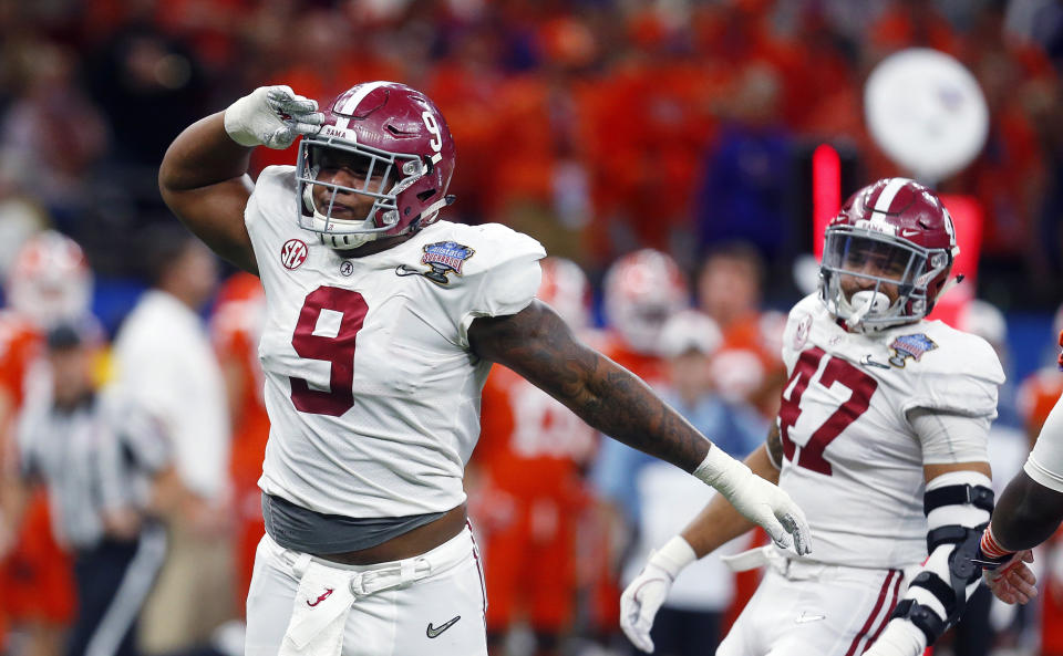 Alabama defensive lineman Da’Shawn Hand (9) celebrates his sack in the second half of the Sugar Bowl semi-final playoff game against Clemson for the NCAA college football national championship, in New Orleans, Monday, Jan. 1, 2018. (AP Photo/Butch Dill)