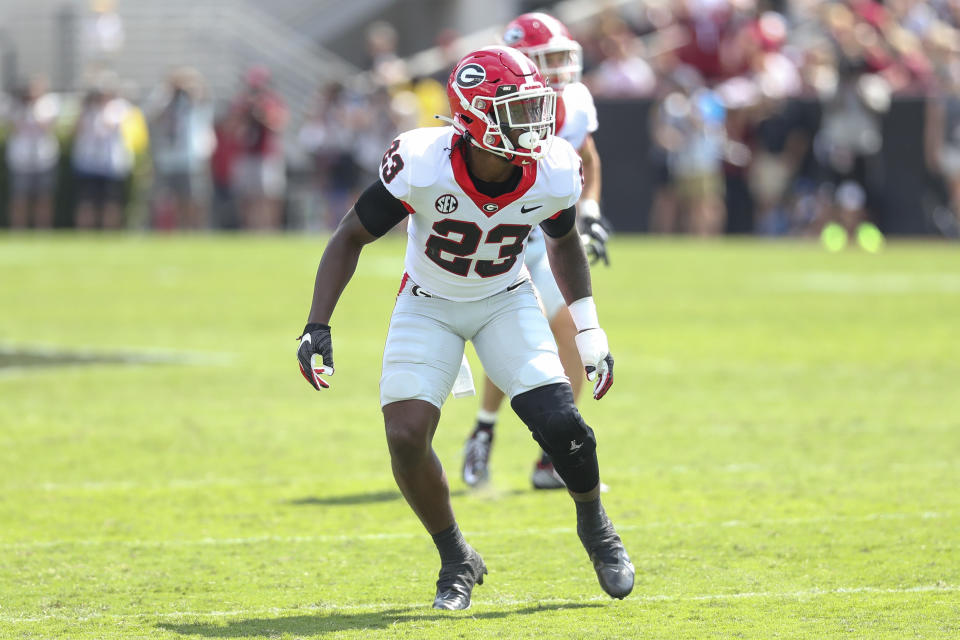 Georgia defensive back Tykee Smith (23) drops back in coverage during an NCAA college football game against South Carolina on Saturday, Sept. 17, 2022 in Columbia, S.C. Georgia won 48-7. (AP Photo/Artie Walker Jr.)