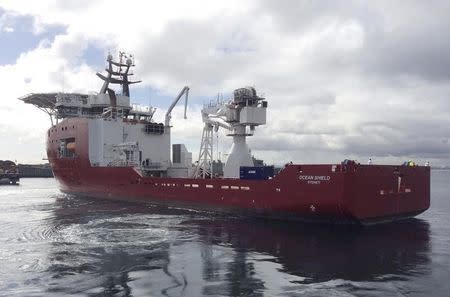 The ship Ocean Shield is pictured at Her Majesty's Australian Ship (HMAS) Base Stirling, south of Perth, May 10, 2014. The Australian naval vessel carrying the Bluefin-21 submersible underwater drone involved in the search for missing Malaysia Airlines Flight MH370 left port on Saturday on its second mission to scan part of the Indian Ocean floor off Western Australia, where the longest sonar "ping" was heard over a month ago. REUTERS/Morag MacKinnon (AUSTRALIA - Tags: MILITARY DISASTER MARITIME TRANSPORT) - RTR3OJY4