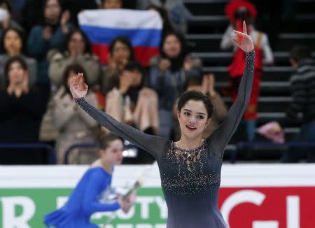 Figure Skating - ISU World Championships 2017 - Ladies Free Skating - Helsinki, Finland - 31/3/17 - Evgenia Medvedeva of Russia reacts after her performance. REUTERS/Grigory Dukor