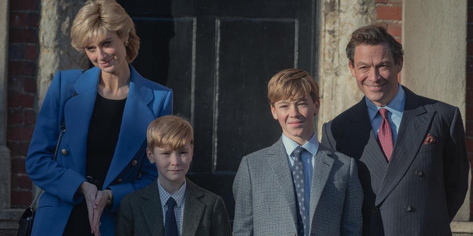 Elizabeth Debicki as Princess Diana, Will Powell as Prince Harry, Senan West as Prince William, and Dominic West as Prince Charles in 