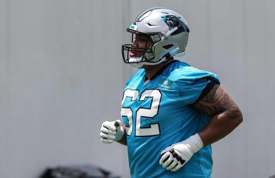 Carolina Panthers Chandler Zavala practices at the Carolina Panthers rookie minicamp in Charlotte on Saturday.