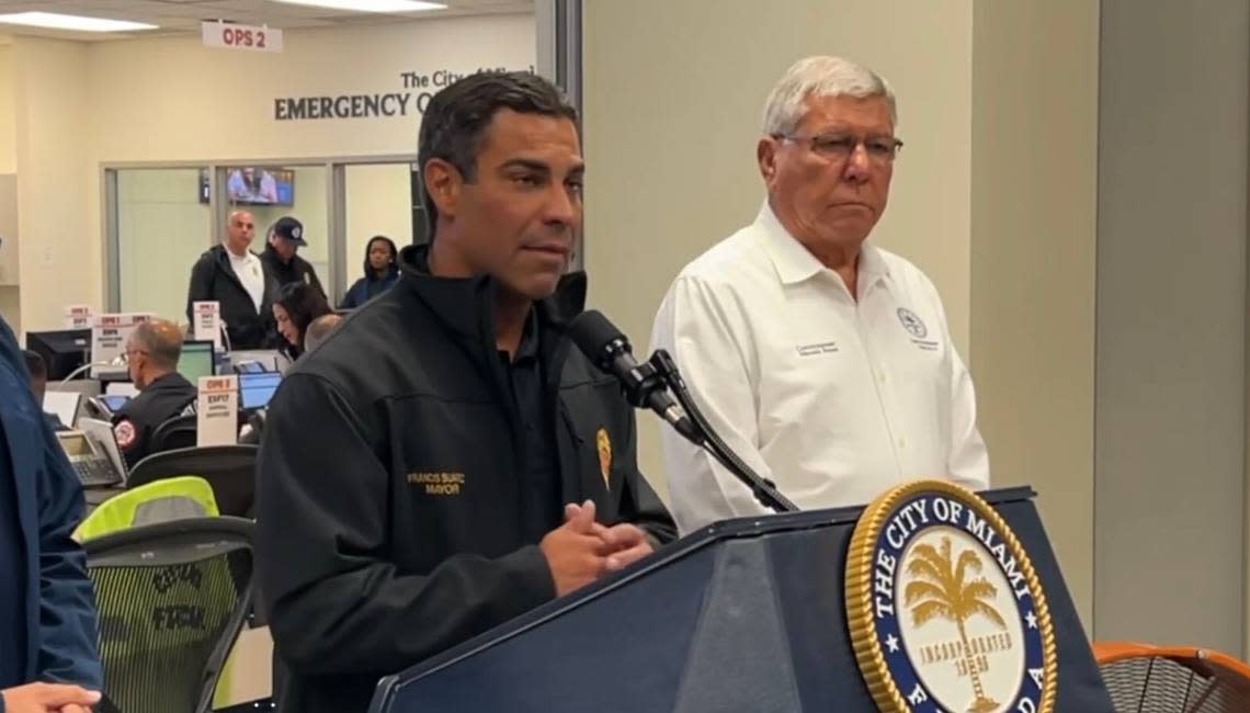 Miami Mayor Francis Suarez leads a press conference on the potential for heavy rain from Hurricane Ian on Tuesday, Sept. 27, 2022. He later flew to New York for a fundraiser for his political committee as Miami was under a Tropical Storm Warning from Ian.