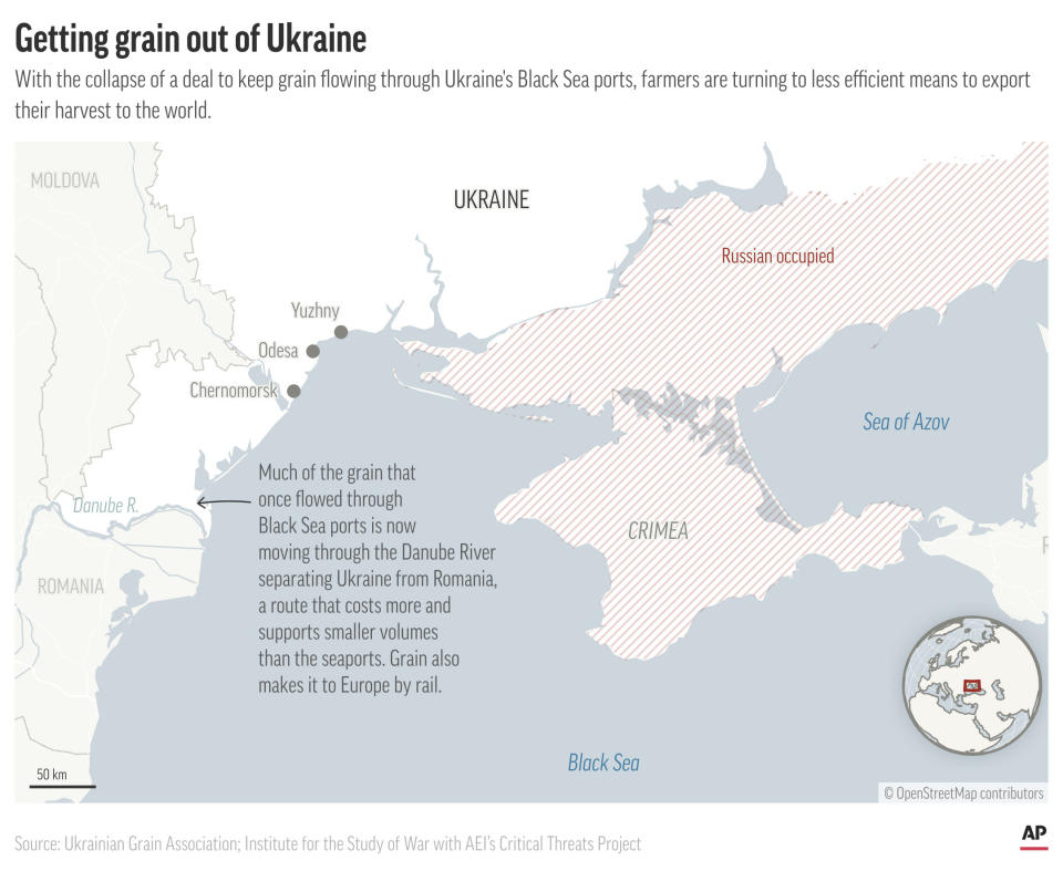 With Black Sea ports rendered unavailable by the collapse of an agreement with Russia to allow grain shipments, Ukrainian exporters are turning to river and rail to get their grain to the world. (AP Graphic)