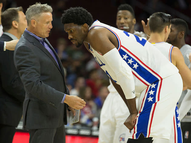 Brett Brown and Joel Embiid. (Getty Images)