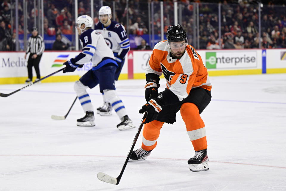 Philadelphia Flyers' Ivan Provorov (9) skates for the puck during the second period of an NHL hockey game against the Winnipeg Jets, Sunday, Jan. 22, 2023, in Philadelphia. (AP Photo/Derik Hamilton)