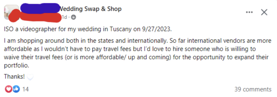 So far international vendors are more affordable as I wouldn't have to pay travel fees but I'd love to hire someone who is willing to wive their travel fees (or is more affordable/up and coming) for the opportunity to expand their portfolio.