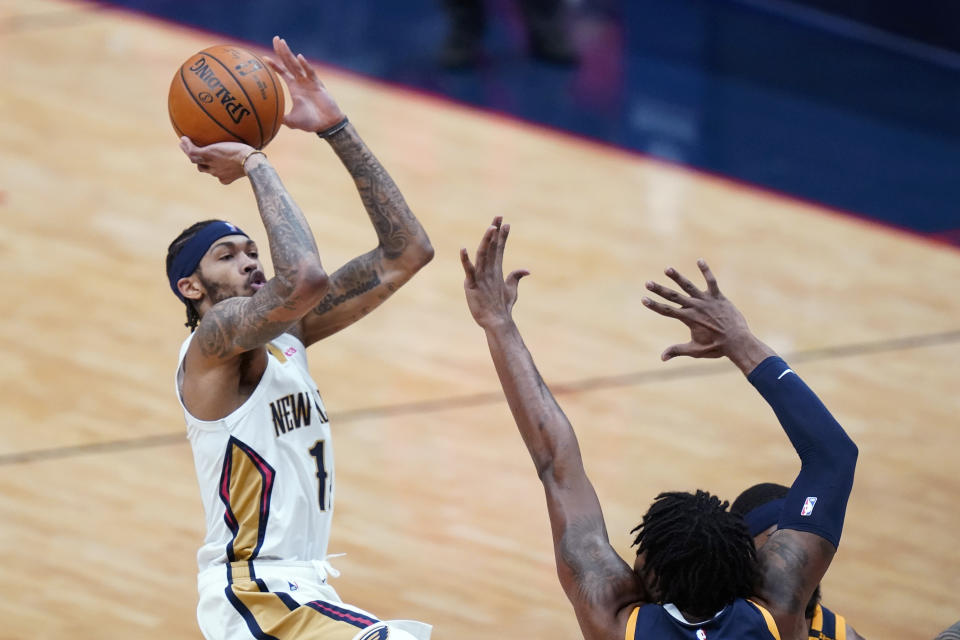 New Orleans Pelicans center Steven Adams (12) shoots in the first half of an NBA basketball game against the Utah Jazz in New Orleans, Monday, March 1, 2021. (AP Photo/Gerald Herbert)