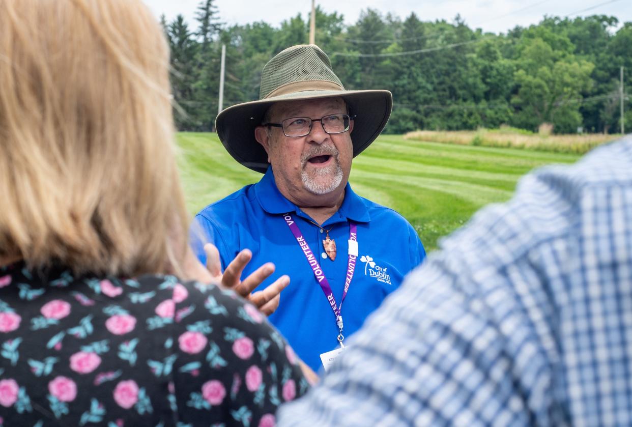 Dublin Heritage Interpreter Carl Gleditsch guides a tour through historic sites at Ferris-Wright Park on July 24, in Dublin.