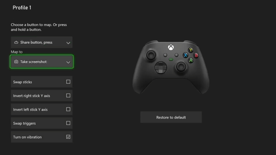 A screenshot of the Button mapping menu on an Xbox Series X/S.