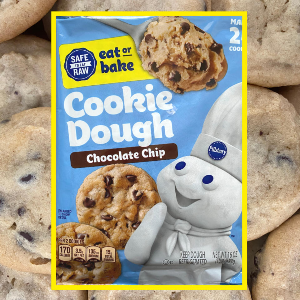 Package of Pillsbury Cookie Dough, Chocolate Chip flavor, with the Pillsbury Doughboy mascot on it, surrounded by baked chocolate chip cookies