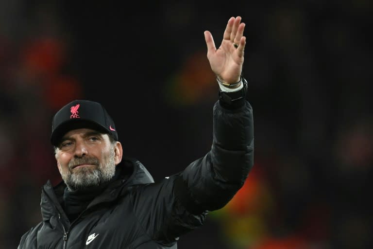 L'entraîneur allemand de Liverpool Jürgen Klopp à la fin du quart de finale retour de Ligue des champions contre Benfica, le 13 avril 2022 à Liverpool (AFP/Paul ELLIS)