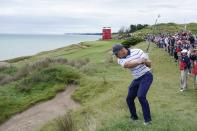 Team USA's Bryson DeChambeau hits on the third hole during a practice day at the Ryder Cup at the Whistling Straits Golf Course Tuesday, Sept. 21, 2021, in Sheboygan, Wis. (AP Photo/Charlie Neibergall)