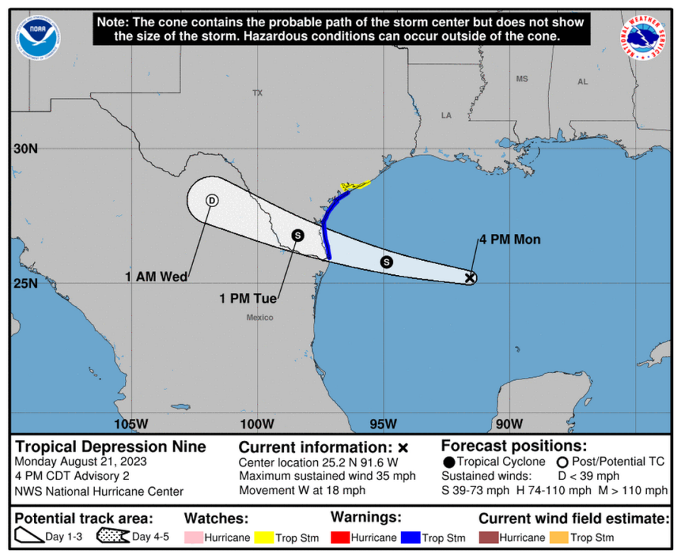 Tropical Depression 9 is expected to power up intro Tropical Storm Harold as soon as Tuesday.