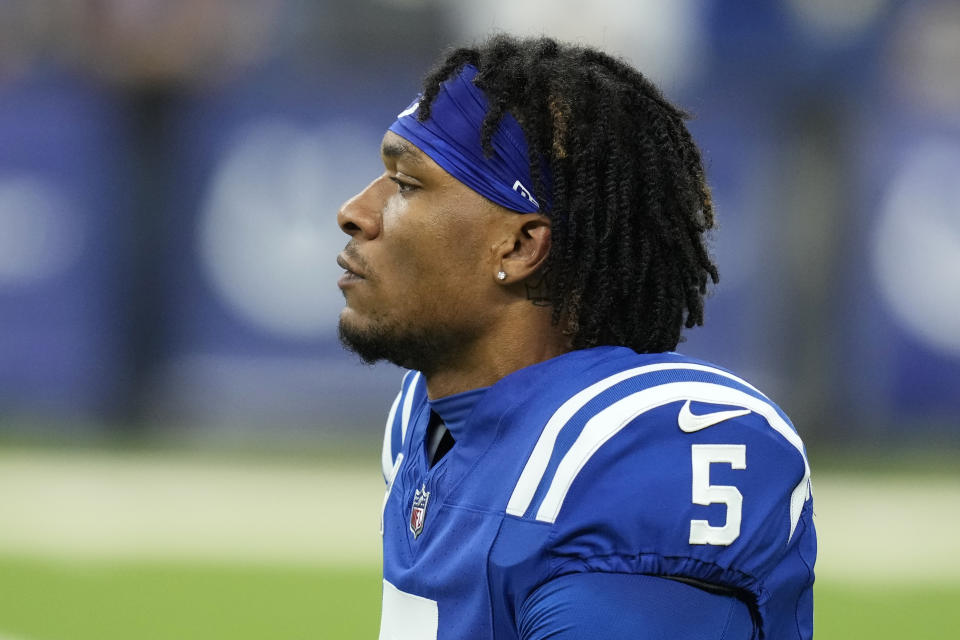 Indianapolis Colts quarterback Anthony Richardson left Sunday's game with an injury. (AP Photo/Darron Cummings)