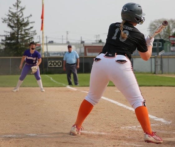 Freeport sophomore Quinn Krzeminski stands in the batter's box and looks at a pitch during a recent softball game. Krzeminski has started every game for the Pretzels, and had 10 home runs, one shy of the school record, as of Monday, April 29, 2024.