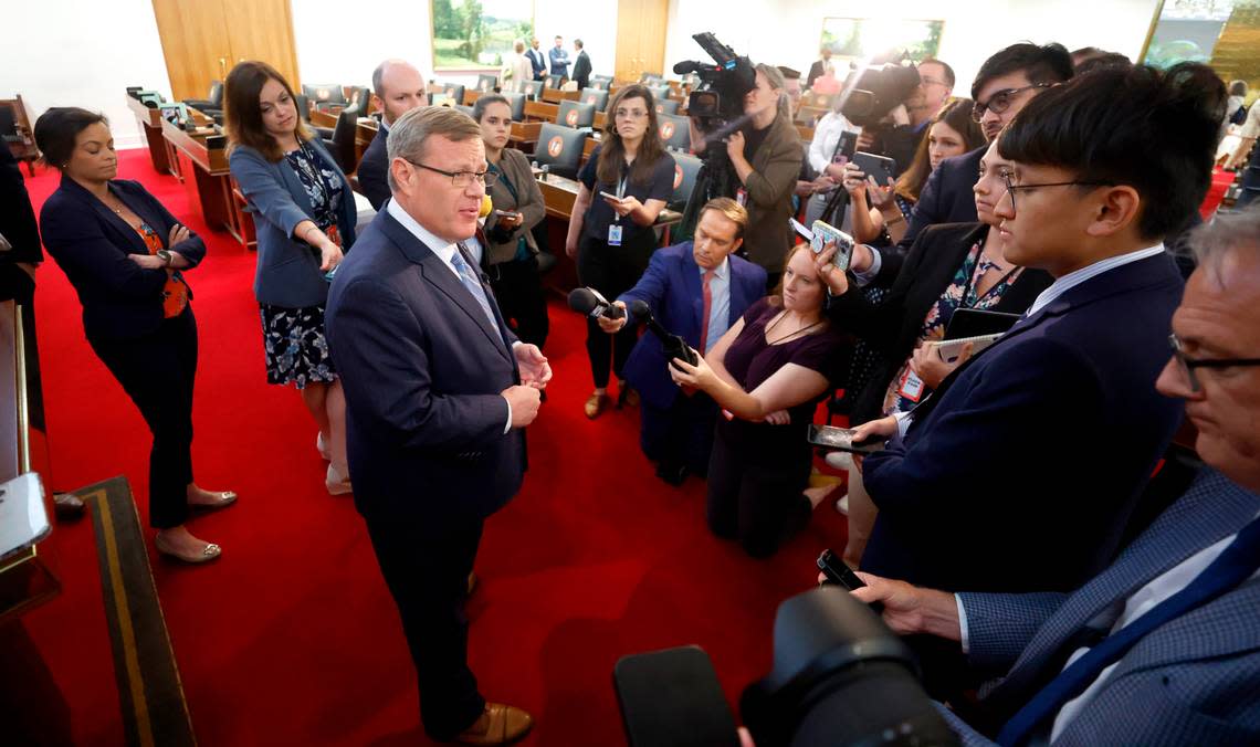 North Carolina House Speaker Tim Moore speaks with the media after the N.C. House session in Raleigh, N.C., Wednesday, June 21, 2023.