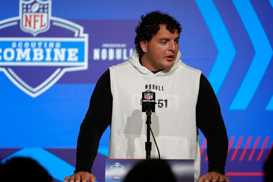 Ohio State offensive lineman Luke Wypler speaks during a news conference at the NFL football scouting combine, Saturday, March 4, 2023, in Indianapolis. (AP Photo Erin Hooley)