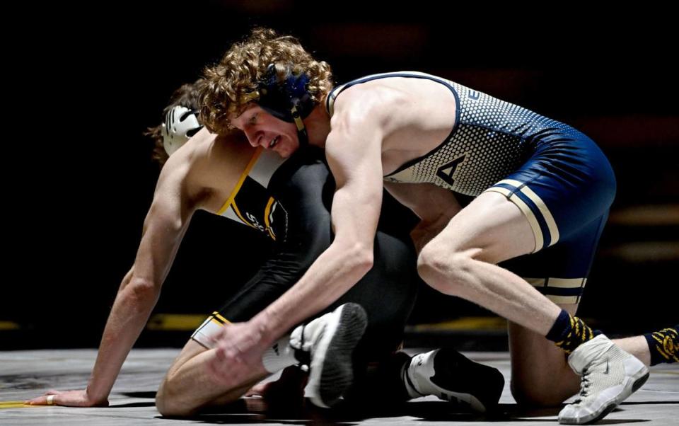 Bald Eagle Area’s Lucas Fye controls Quaker Valley’s Jack Kazalas in the 133 lb bout of the match on Monday, Feb. 5, 2024.