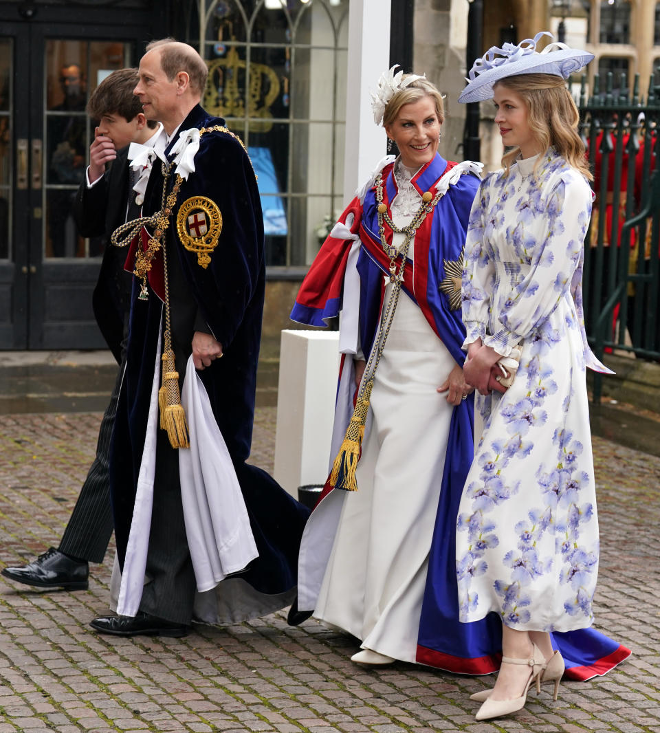 LONDON, ENGLAND - MAY 06: Prince Edward, Duke and Sophie, Duchess of Edinburgh arriving with Lady Louise Windsor (right) and the Earl of Wessex (left) at the Coronation of King Charles III and Queen Camilla on May 6, 2023 in London, England. The Coronation of Charles III and his wife, Camilla, as King and Queen of the United Kingdom of Great Britain and Northern Ireland, and the other Commonwealth realms takes place at Westminster Abbey today. Charles acceded to the throne on 8 September 2022, upon the death of his mother, Elizabeth II. (Photo by Andrew Milligan - WPA Pool/Getty Images)