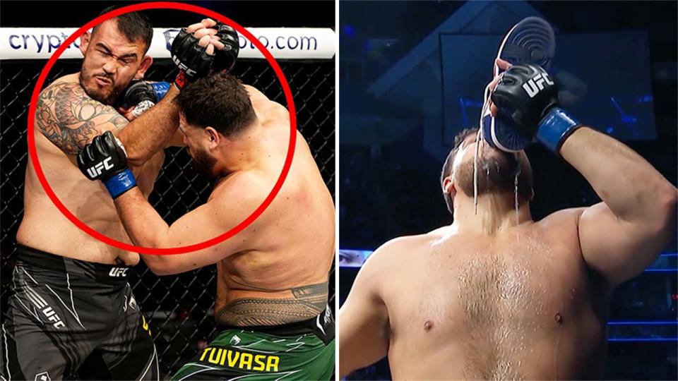 Tai Tuivasa (pictured left) punching his opponent and (pictured right) drinking a beer from a shoe.