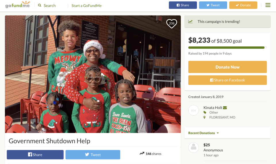 This is Kinata Holt’s page. Crowdfunding for federal workers can be seen on GoFundMe. (Photo: screenshot/GoFundMe)