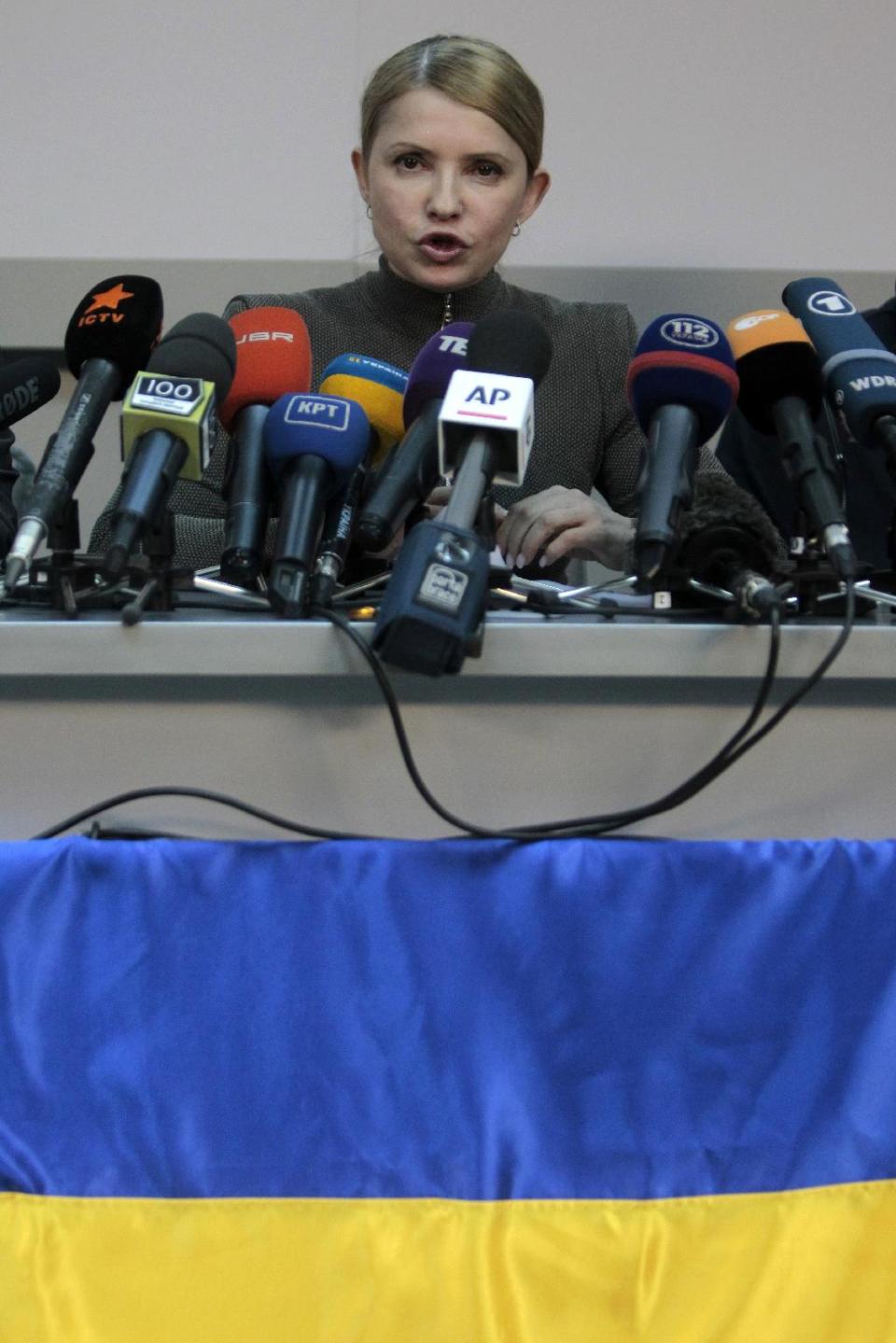 Former Ukrainian Prime Minister Yulia Tymoshenko, speaks during press conference in Kiev, Ukraine, Tuesday, April 15, 2014. Tymoshenko said on Tuesday that what Kiev is seeing in the country's east is a war. In the first Ukrainian military action against a pro-Russian uprising in the east, special forces on Tuesday recaptured a small airport that had been occupied by militiamen, the government said. (AP Photo/Sergei Chuzavkov)