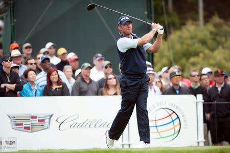 May 1, 2015; San Francisco, CA, USA; Lee Westwood tees off at the third hole during day three of the World Golf Championships-Cadillac Match Play at TPC Harding Park. Mandatory Credit: Ed Szczepanski-USA TODAY Sports