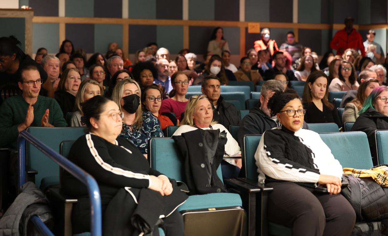 Deputy Superintendent of Brockton Public Schools Sharon Wolder, right front, watches a special Brockton School Committee meeting at the Arnone School on Wednesday, Jan. 31, 2024, about safety and security.