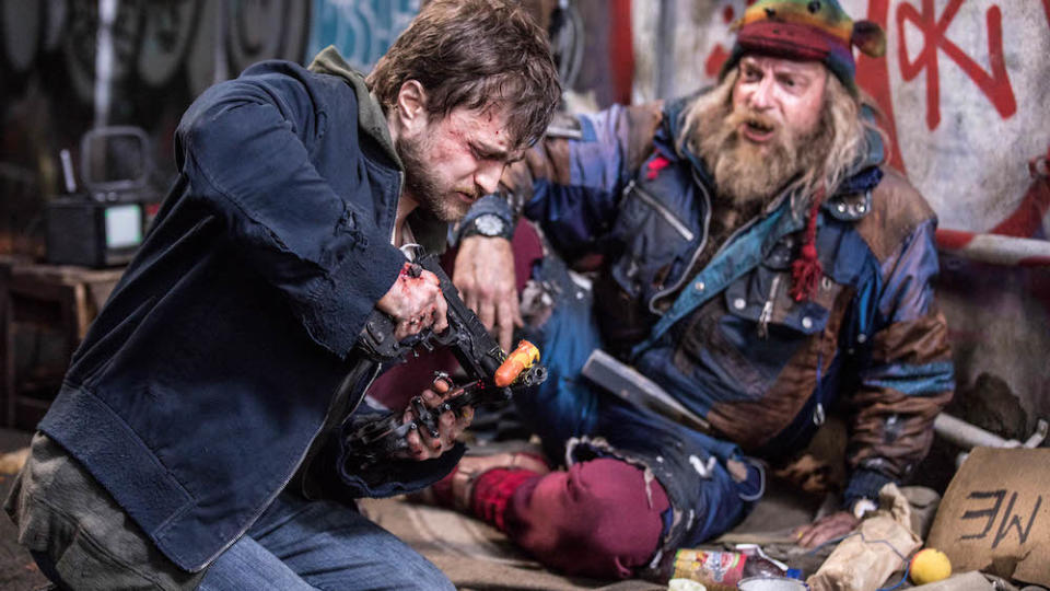 Daniel Radcliffe as Miles and Rhys Darby as Glenjamin in Guns Akimbo. (PHOTO: Golden Village Pictures)