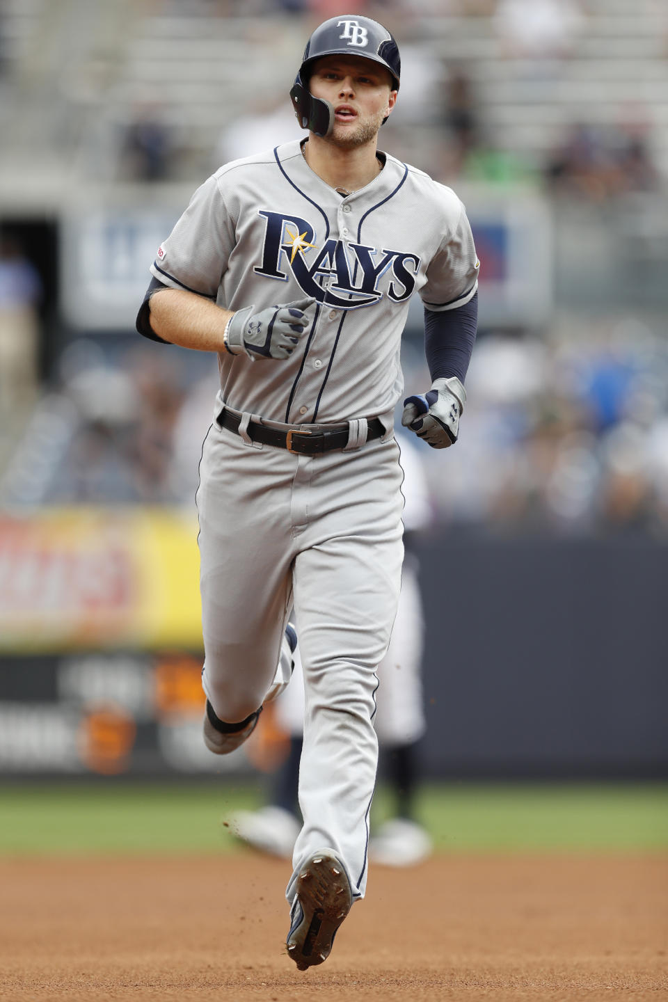 Tampa Bay Rays' Austin Meadows runs on his solo home run during the first inning in the first game of a baseball doubleheader against the New York Yankees, Thursday, July 18, 2019, in New York. (AP Photo/Kathy Willens)