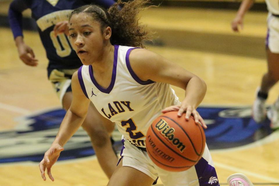 Columbia's Saviya Morgan (2) dribbles the ball toward the basket against Independence during their District 12-4A tournament semifinal game Friday, Feb. 17, 2023 at Nolensville High School in Nolensville, Tennessee.