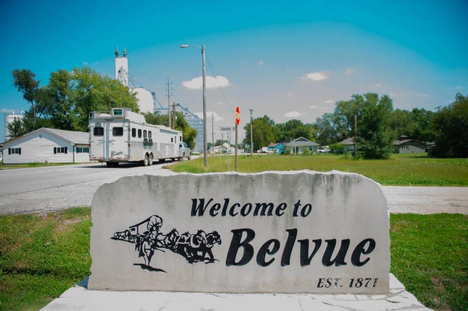 A sign welcomes travelers to Belvue on the west edge of Belvue, Kan. Former city clerk Kimberly Fitzgerald pleaded guilty to theft of public funds from the city.
