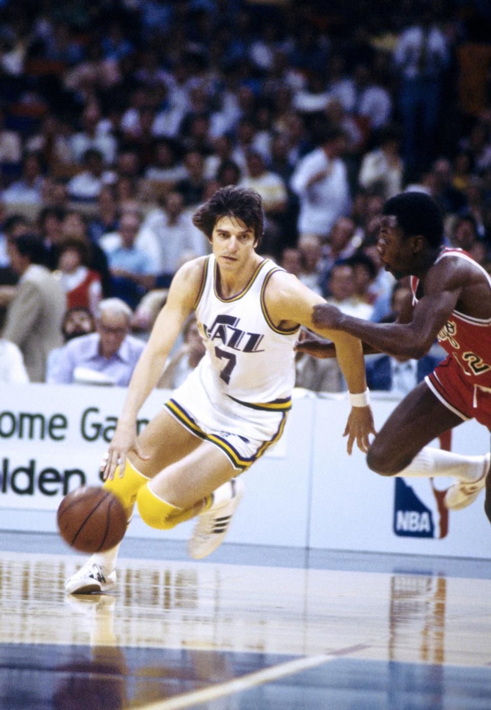 Pete Maravich played six seasons with the New Orleans and Utah Jazz, leading the NBA in scoring (31.1 ppg) in 1976-77 and finishing third in the MVP voting.