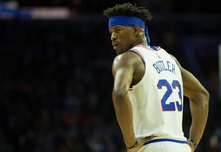 FILE PHOTO: Jan 19, 2019; Philadelphia, PA, USA; Philadelphia 76ers guard Jimmy Butler (23) glances over his shoulder during during a break in the first quarter against the Oklahoma City Thunder at Wells Fargo Center. Mandatory Credit: Bill Streicher-USA TODAY Sports