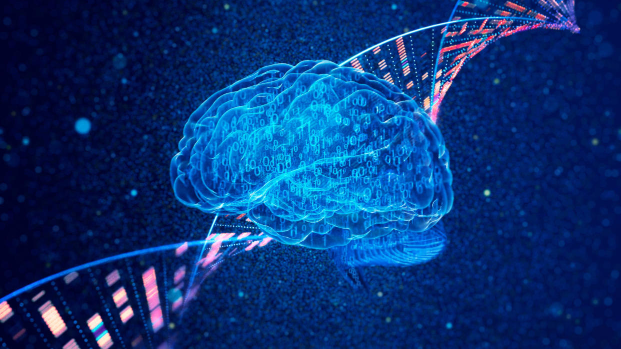  A creative illustration of a binary human brain and genomic DNA on a dark blue particle background. 