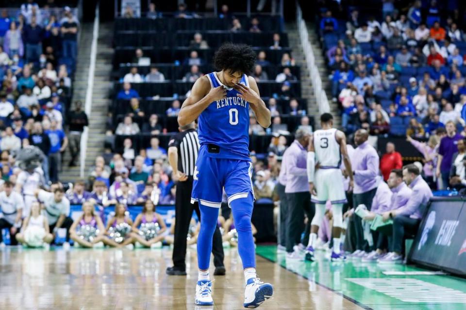 Kentucky forward Jacob Toppin walks off the court after a play in Sunday’s NCAA Tournament loss to Kansas State.